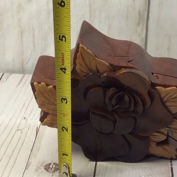 Hand Carved Multi Tone Wood Rose Puzzle Trinket Box - Picture 3 of 9